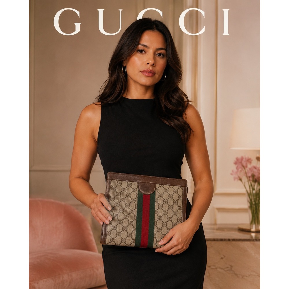Vintage Gucci Accessory Collection GG Supreme Web Stripe Clutch Bag Brown